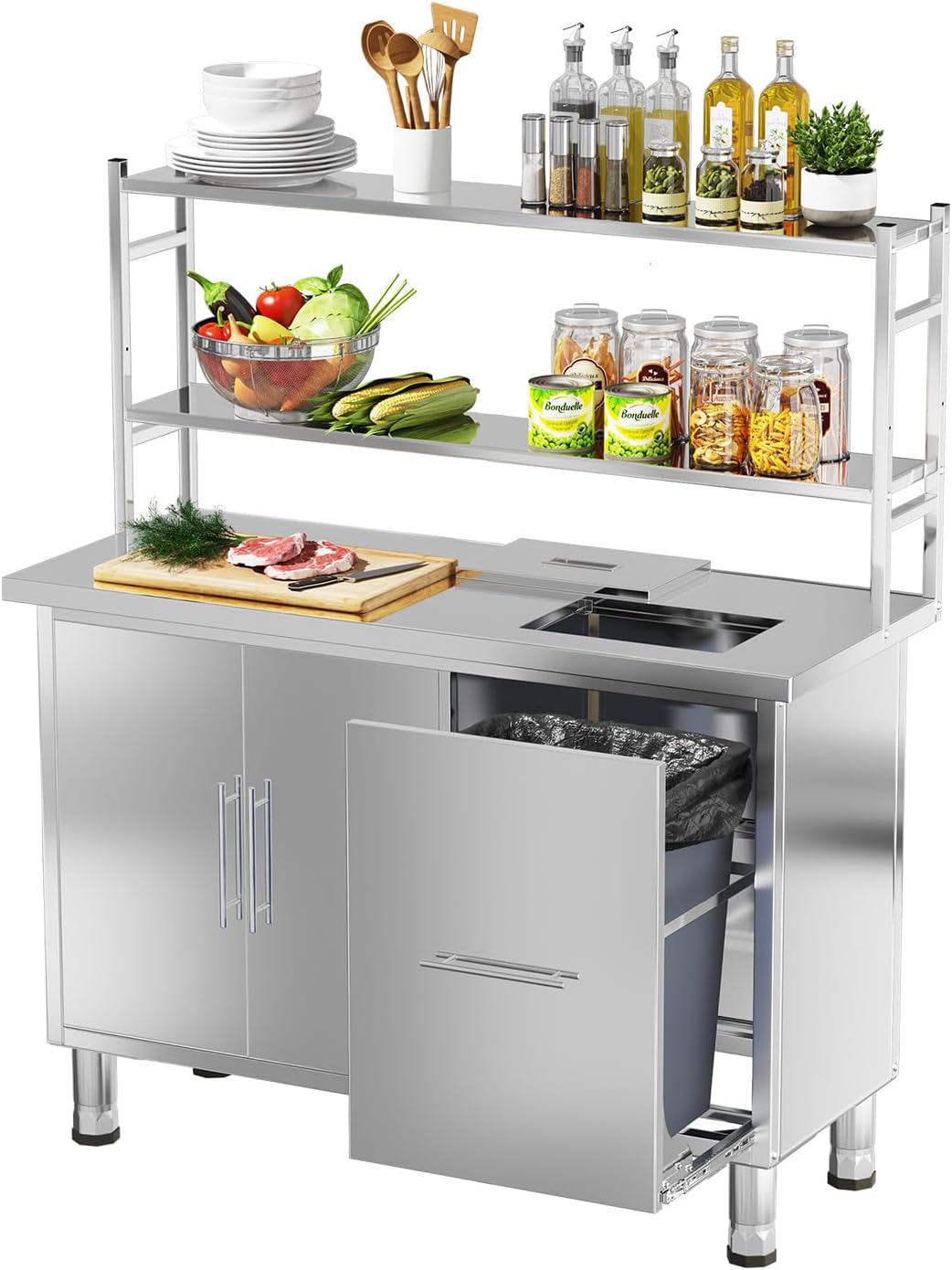 Commercial Kitchen Prep Table - Stainless Steel Prep Table with Trash